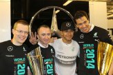 Andy Cowell (GBR) Managing Director, Mercedes AMG High Performance Powertrains, Paddy Lowe (GBR) Mercedes AMG F1 Executive Director (Technical) and Toto Wolff (AUT) Mercedes AMG F1 Director of Motorsport celebrate with Lewis Hamilton (GBR) Mercedes AMG F1.