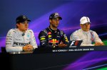 (L to R): Nico Rosberg (GER) Mercedes AMG F1, race winner Daniel Ricciardo (AUS) Red Bull Racing and Valtteri Bottas (FIN) Williams in the Press Conference.