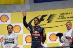 (L to R): Nico Rosberg (GER) Mercedes AMG F1, Daniel Ricciardo (AUS) Red Bull Racing and Valtteri Bottas (FIN) Williams celebrate on the podium.