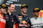 (L to R): Fernando Alonso (ESP) Ferrari, Paul Monaghan (GBR) Red Bull Racing Chief Engineer, race winner Daniel Ricciardo (AUS) Red Bull Racing and Lewis Hamilton (GBR) Mercedes AMG F1 celebrates on the podium.