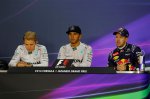 (L to R): Nico Rosberg (GER) Mercedes AMG F1, Lewis Hamilton (GBR) Mercedes AMG F1 and Sebastian Vettel (GER) Red Bull Racing in the Press Conference.