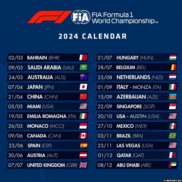 Опубликован календарь чемпионата на 2024 год - новости Формулы 1 2023